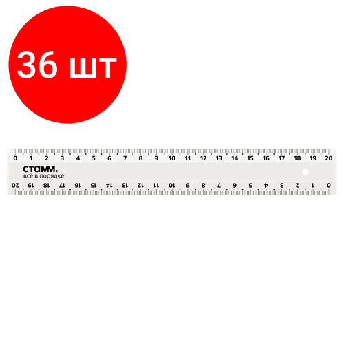 Комплект 36 шт, Линейка 20см СТАММ, пластиковая, 2 шкалы, прозрачная, бесцветная, европодвес комплект 121 шт линейка 20см стамм пластиковая 2 шкалы прозрачная бесцветная европодвес