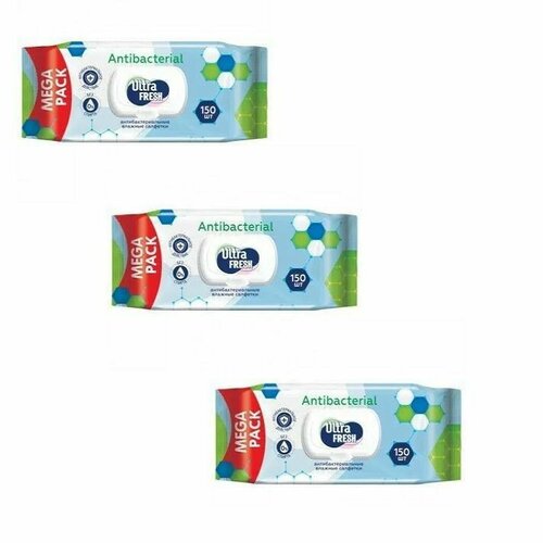 Ultra Fresh Влажные салфетки, Antibacterial, 150 шт/уп, 3 штуки салфетки dettol влажные антибактериальные для гигиенической обработки рук 60 шт