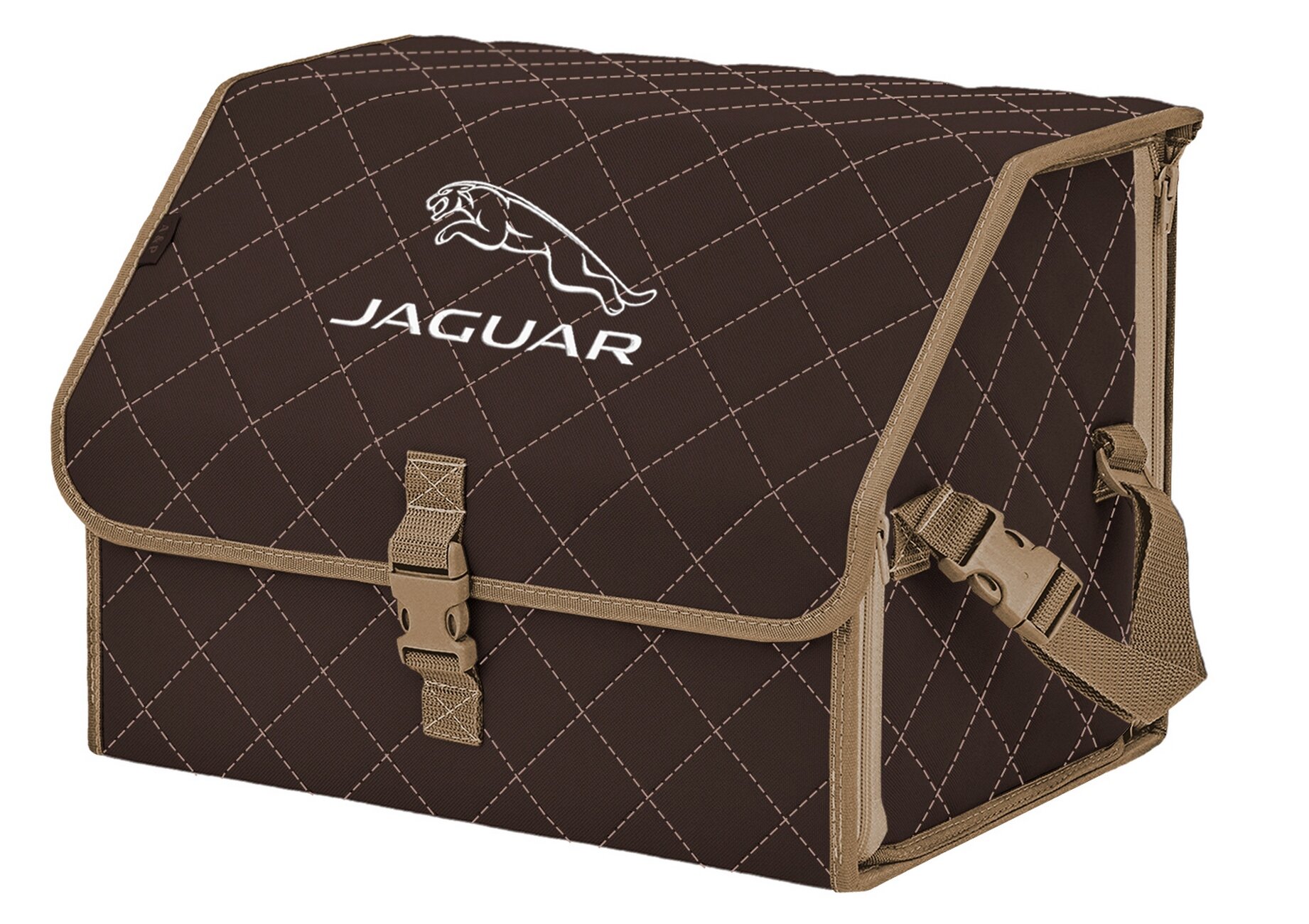 Органайзер-саквояж "Союз" в багажник Jaguar (Ягуар), размер M. Цвет: коричневый с бежевой прострочкой Ромб.
