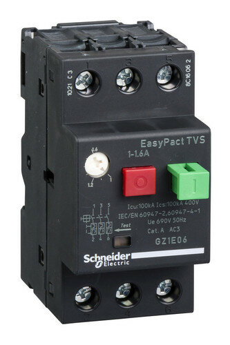 Силовой автомат для защиты двигателя Schneider Electric EasyPact TVS 1.6А 3P, термомагнитный расцепитель GZ1E06