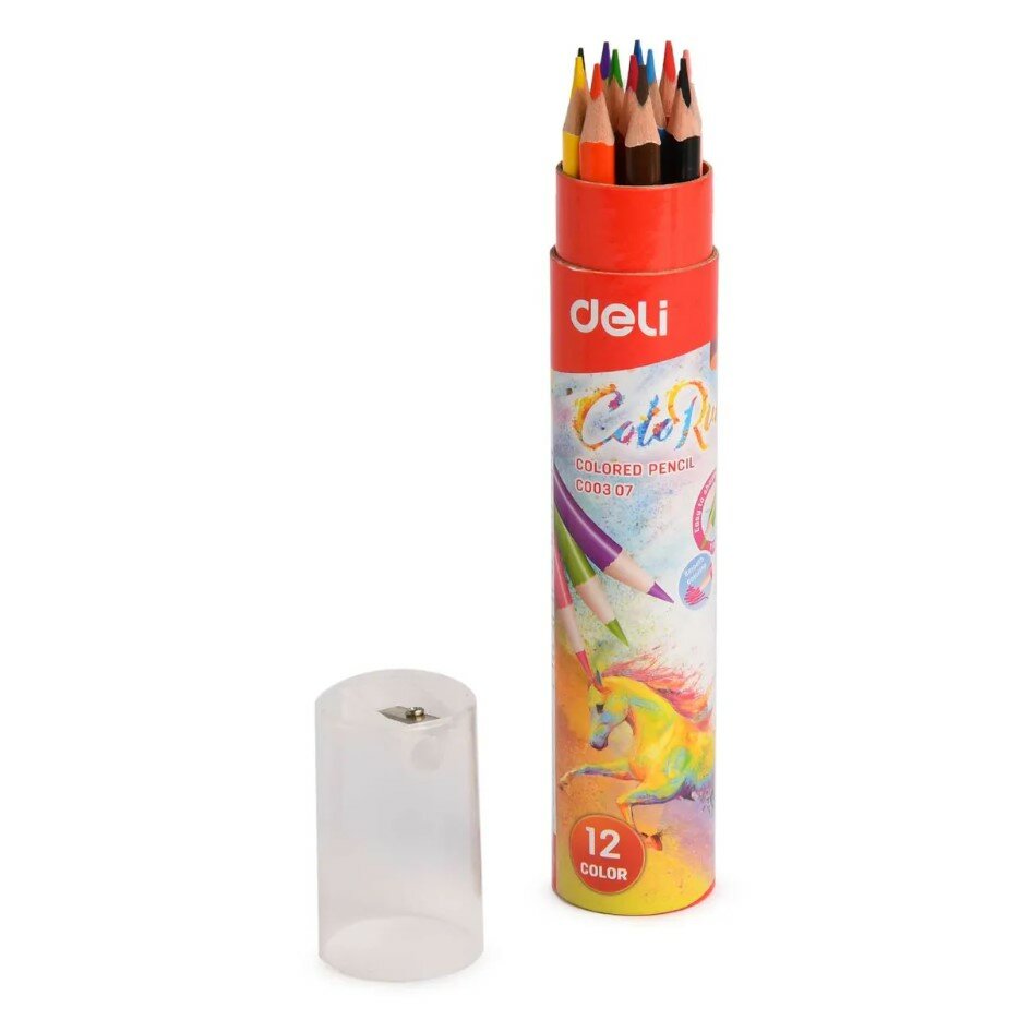 Цветные карандаши Deli "ColoRun", трехгранные, 12 оттенков, точилка в колпачке, тубус