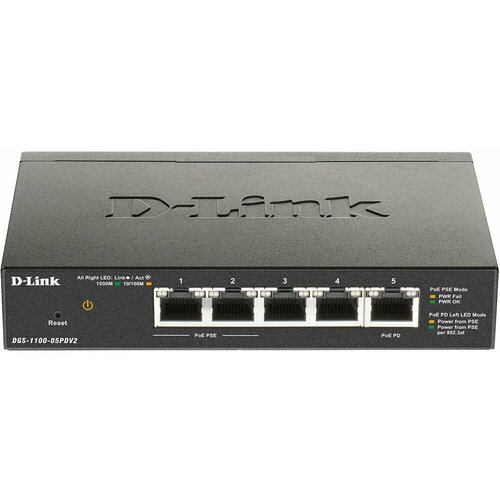 Коммутатор D-Link DGS-1100-05PDV2 5x1Гбитс 2PoE 18W настраиваемый 18840₽