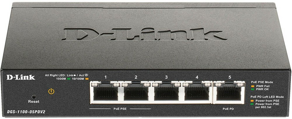 Коммутатор D-Link DGS-1100-05PDV2 5x1Гбит/с 2PoE 18W настраиваемый