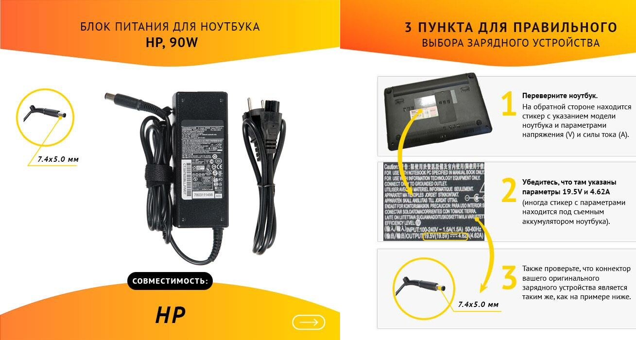 Power unit / Блок питания (PA-1900-32HJ) ( зарядка ) ZeepDeep для ноутбука HP 19.5V 4.62A, 90W, 7.4х5.0 с кабелем