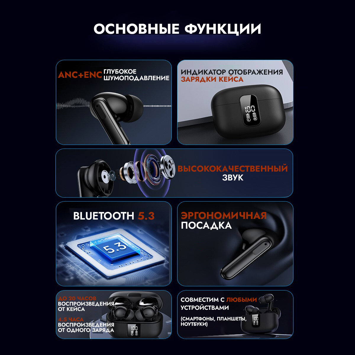 Беспроводные Bluetooth наушники с шумоподавлением Tech Fusion — фото 1