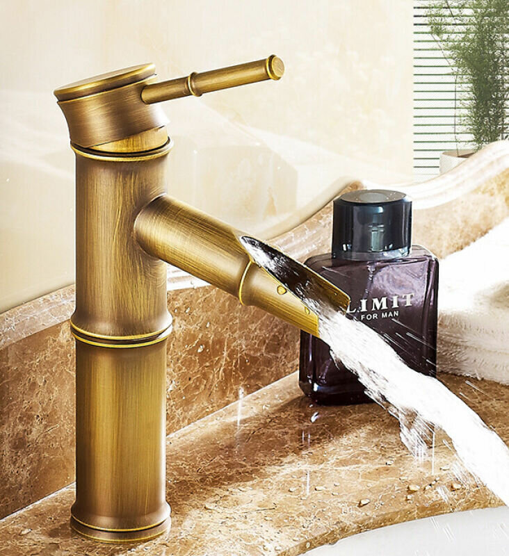 фото Полностью медный антикварный бамбуковый кран с горячей и холодной водой, европейский ретро-умывальник над раковиной, художественный умывальник, одинарный холодный наружный кран