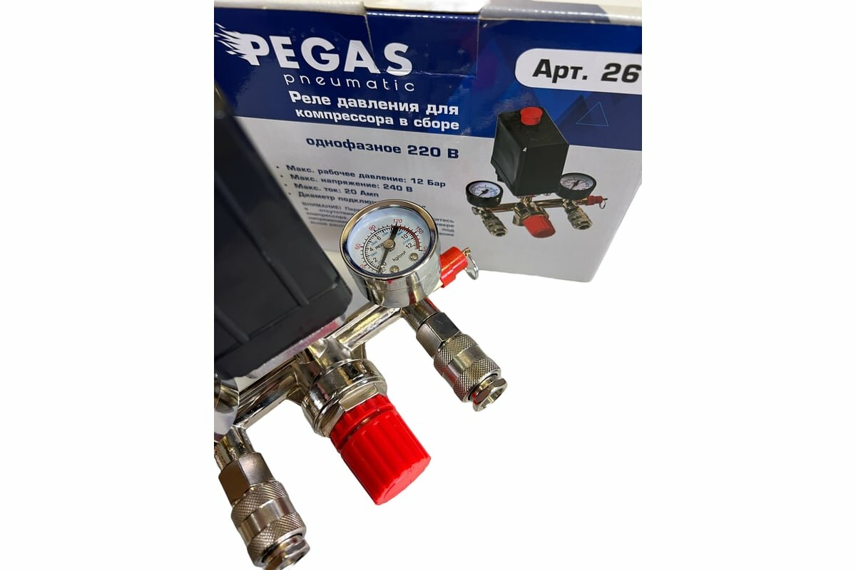 фото Pegas pneumatic Реле для компрессора в сборе 220 В (2 быстросъемных Выхода, регулятор давления, клапан сброса давления) 2614