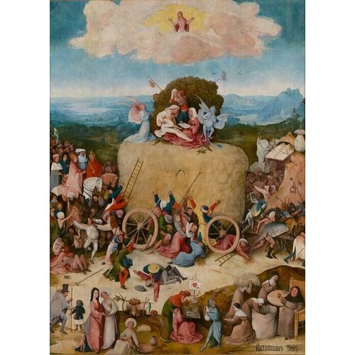 "Воз сена. Центральная часть", Босх, И, картина для интерьера (репродукция) (60х83 см / без подрамника) зеленый, коричневый