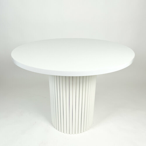 Стол кухонный раздвижной Айсберг, диаметром 100см, белый матовый, с подстольем из труб, разложенный 130х100см