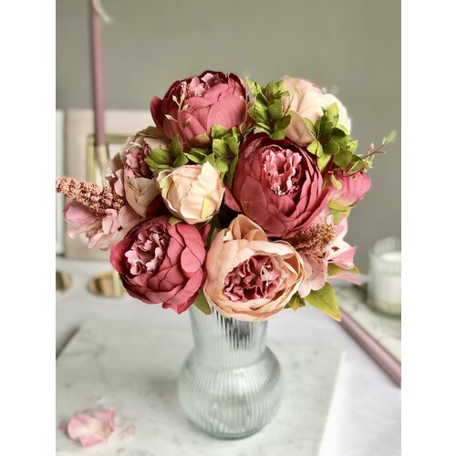Искусственные цветы пионы для декора / Декоративный букет / Цветочная композиция, 45 см, бордовый
