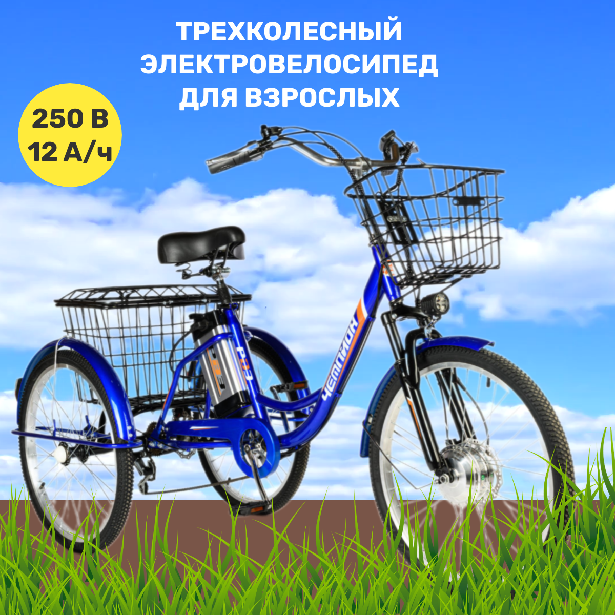 Электровелосипед взрослый трехколесный РВЗ Чемпион 24, синий 250,12