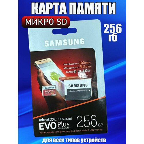 Карта памяти Samsung MicroSD EVO Plus V2, 256GB, с адаптером бежевый, бесцветный, серый, черный, красный, оранжевый, коричневый, белый, серебристый, розовый