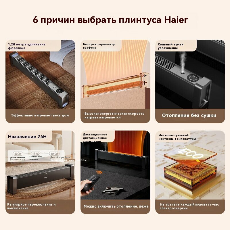 Изображение Haier HKS2215HC, обогреватель, бытовой графеновый электронагреватель для плинтуса с быстрым нагревом, черный