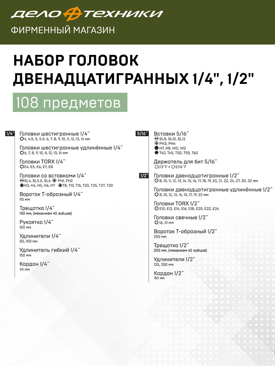 Наборы Инструментов И Оснастки Набор головок двенадцатигранных 1/4, 1/2 с принадлежностями, 108 предм, Дело Техники, 622808