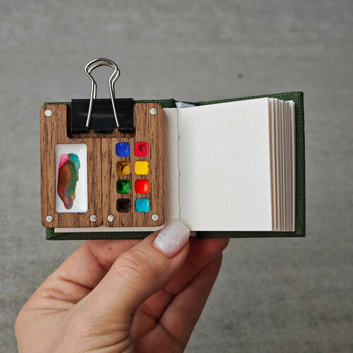 Складная деревянная палитра GO DRAW и скетчбук для акварели 5х5см