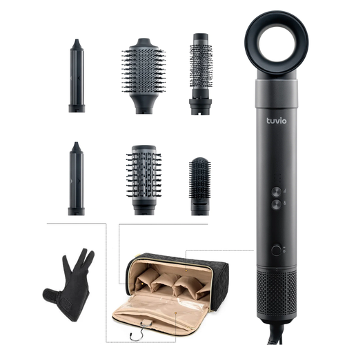 Фен щётка с ионизацией Tuvio комплект 1412+, 7 насадок, органайзер для хранения, тёмный металлик