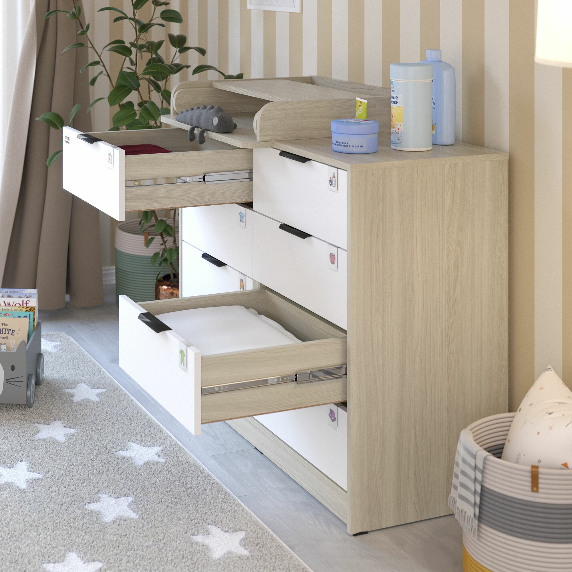 Пеленальный комод Атон Мебель Zeus, 8 ящиков, Шимо светлый/белый