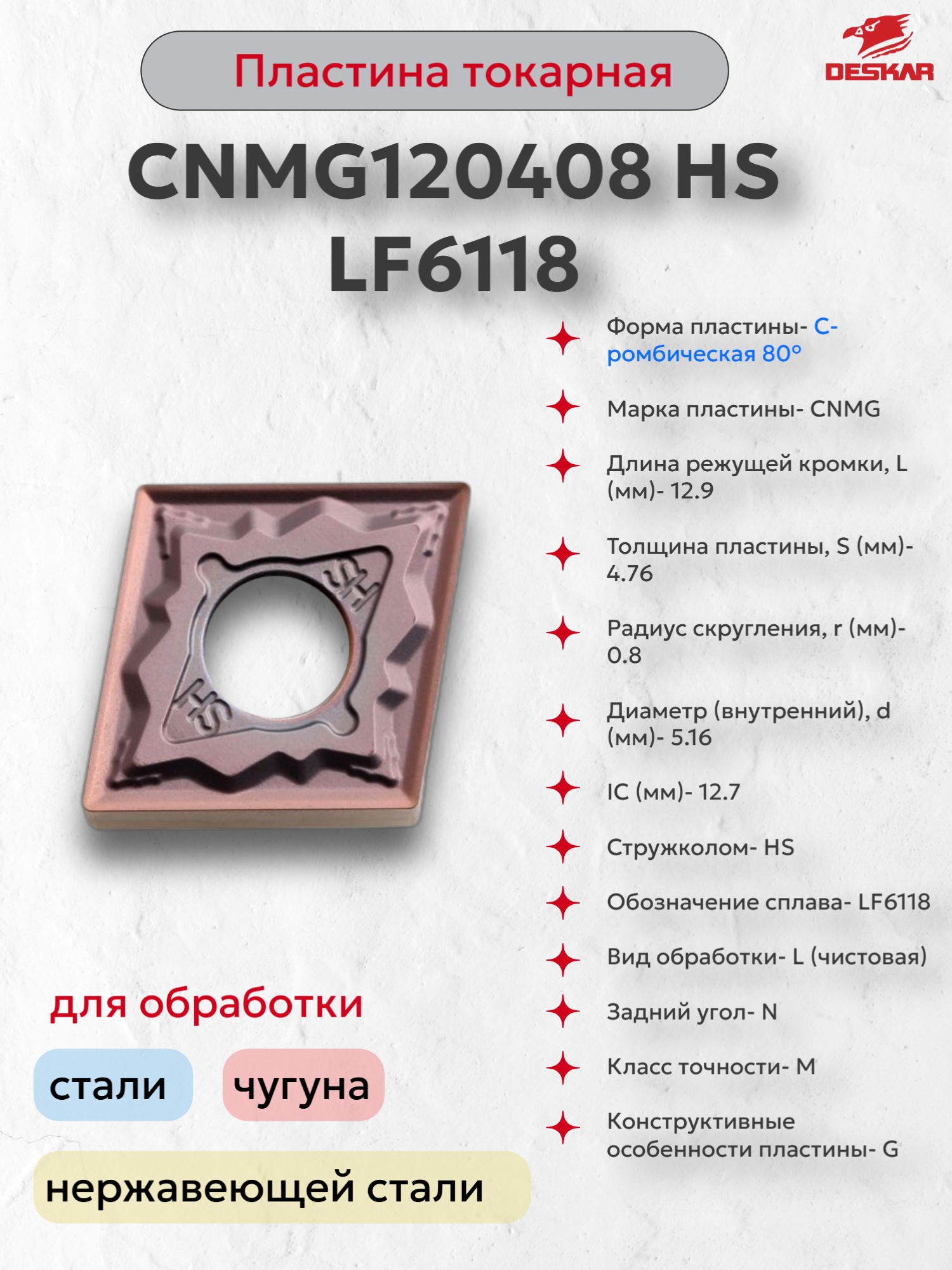 CNMG120408 HS LF6118 пластина токарная (1 шт.) DESKAR D0000042