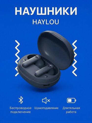 Изображение товара TWS Bluetooth гарнитура Xiaomi Haylou MoriPods ANC Blue, с активным шумоподавлением, синяя, компактная.