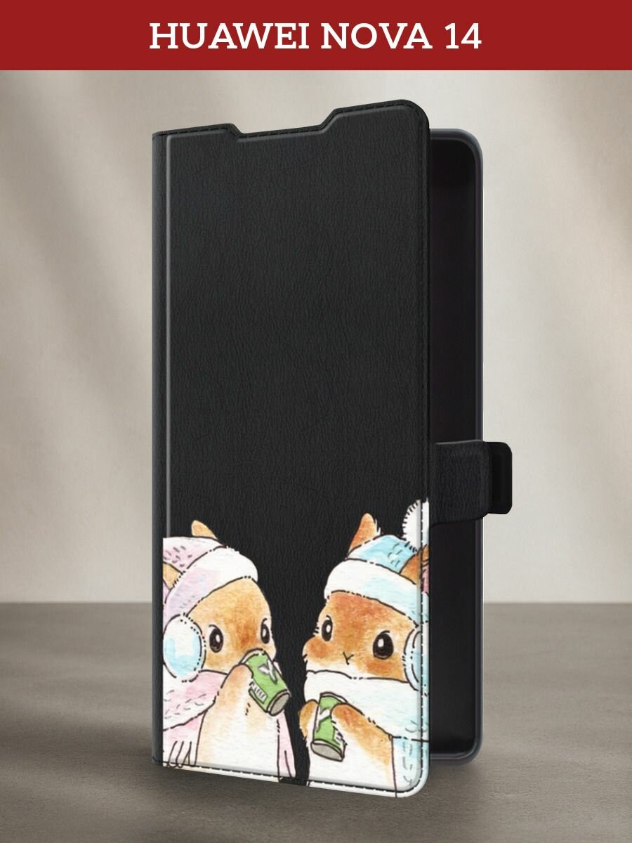 Чехол-книжка на Huawei Nova 14 / Хуавей Нова 14 с принтом Зимние кролики, черный