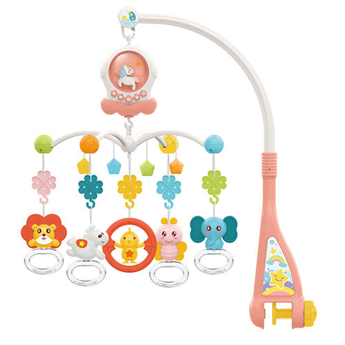 Музыкальный мобиль Huanger Веселый зоопарк с ночником и погремушками-прорезывателями/Музыкальная карусель на кроватку для детей с рождения, 108 колыбельных мелодий, персиковый