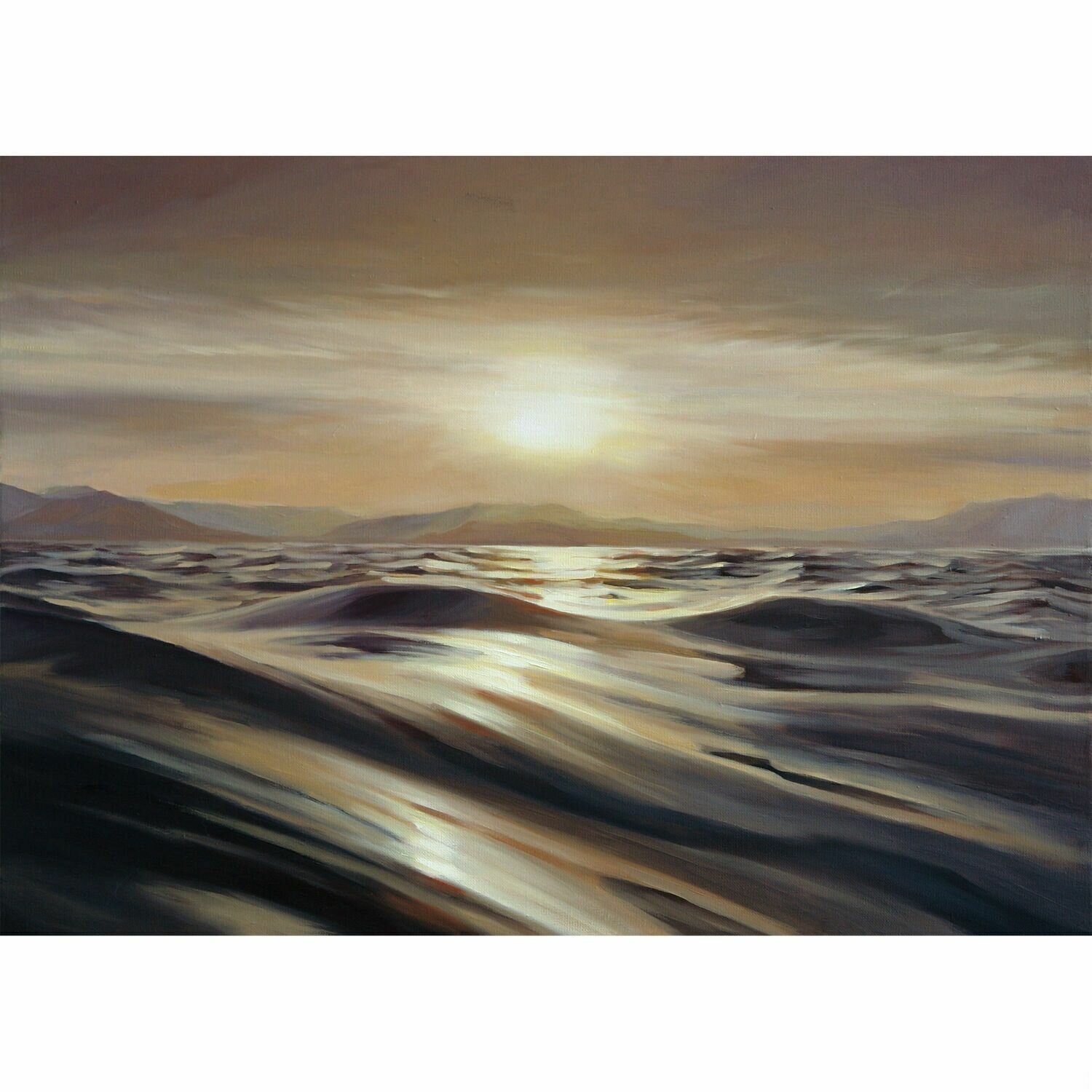 Картина маслом ручной работы "Золотой закат", холст 50х70 см, для интерьера, морской пейзаж