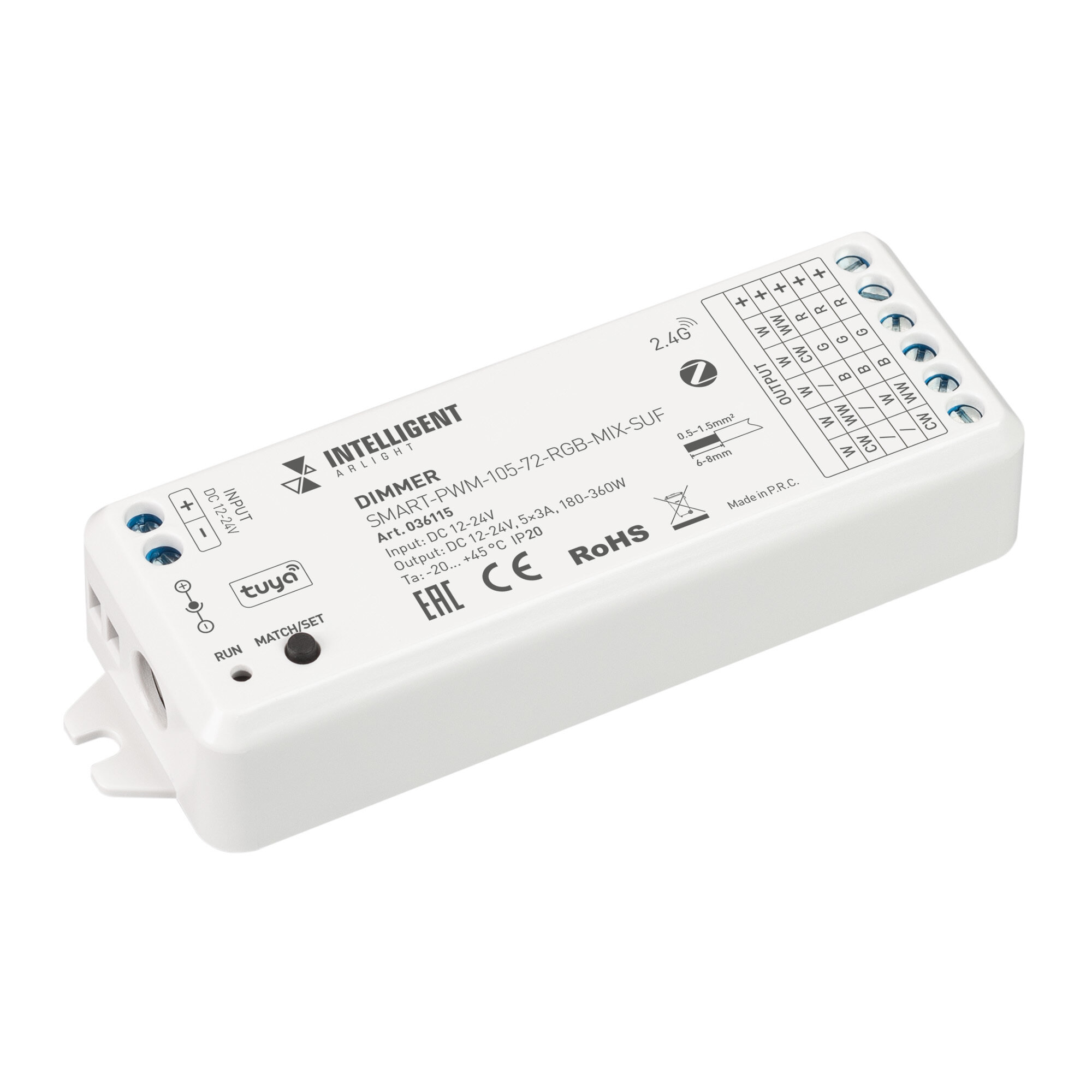Диммер Arlight INTELLIGENT ARLIGHT Диммер SMART-PWM-105-72-RGB-MIX-SUF (12-24V, 5x3A, ZB, 2.4G) (IARL, Пластик)