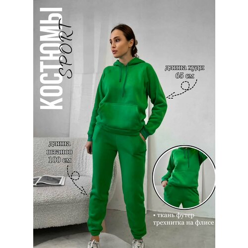 фото Костюм , худи и брюки, утепленный, карманы, капюшон, размер s/m, зеленый suman