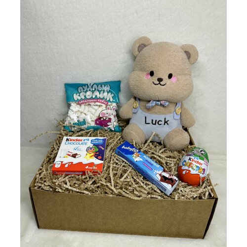 Подарочный набор, бокс, Мягкая игрушка Мишка-медведь 28 см, сладости Kinder шоколад, яйцо, маршмеллоу, BabyFox
