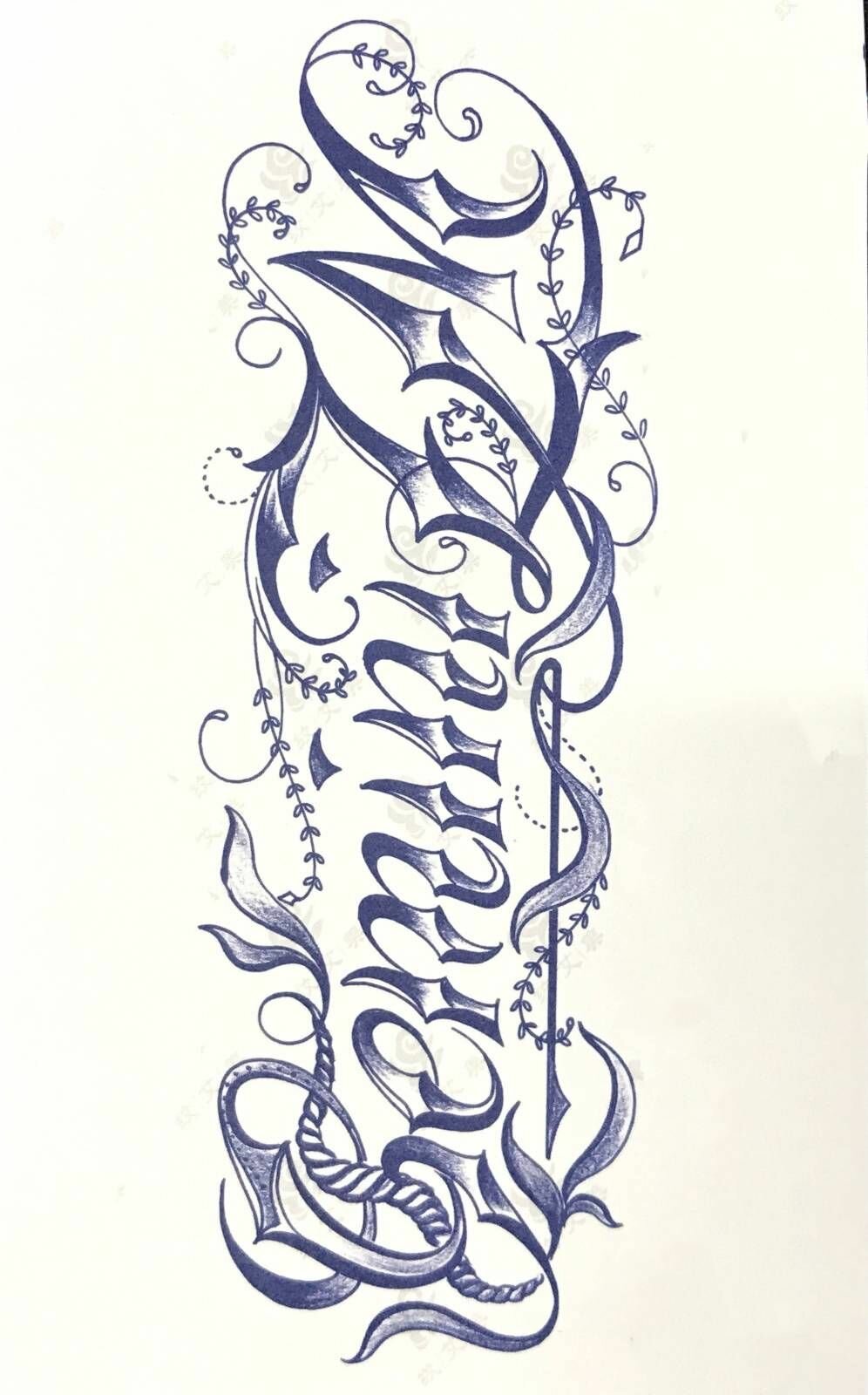 Тату переводное на основе травяного сока - Надпись и ветви, 11x18 см, цвет синий, 1 шт