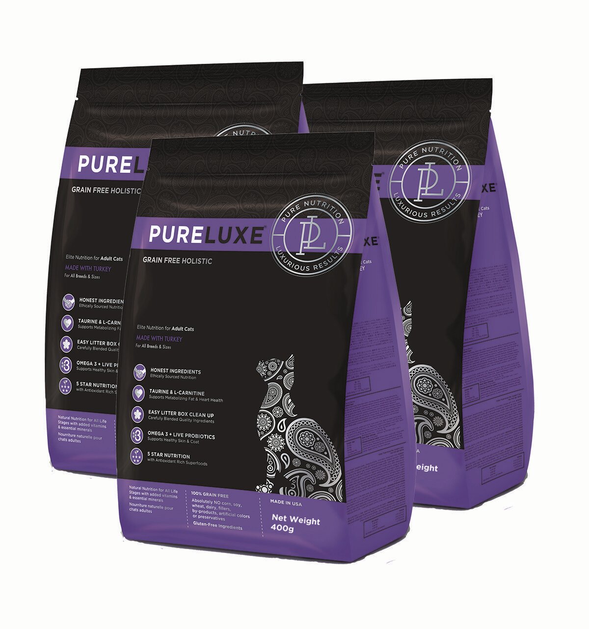 Корм сухой PureLuxe для взрослых кошек с индейкой, 3 шт х 400г