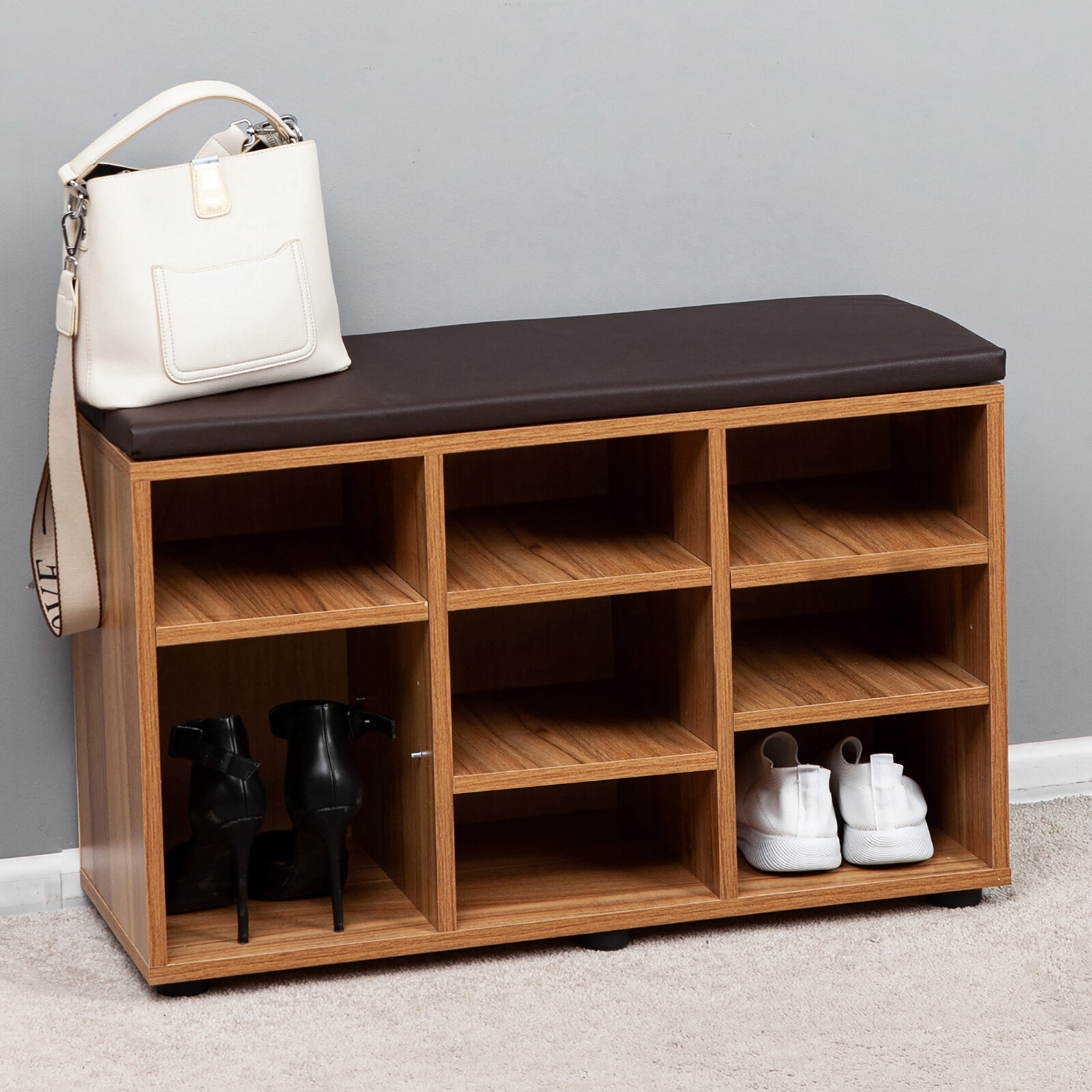 фото Обувница банкетка тумба для обуви Орех/Кожзам коричневый 786x500x295