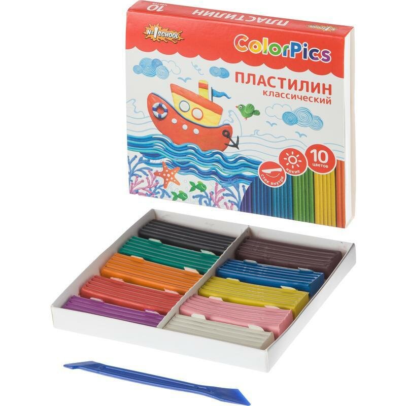 Пластилин №1 School "ColorPics", 10 цветов, 200 г, со стеком