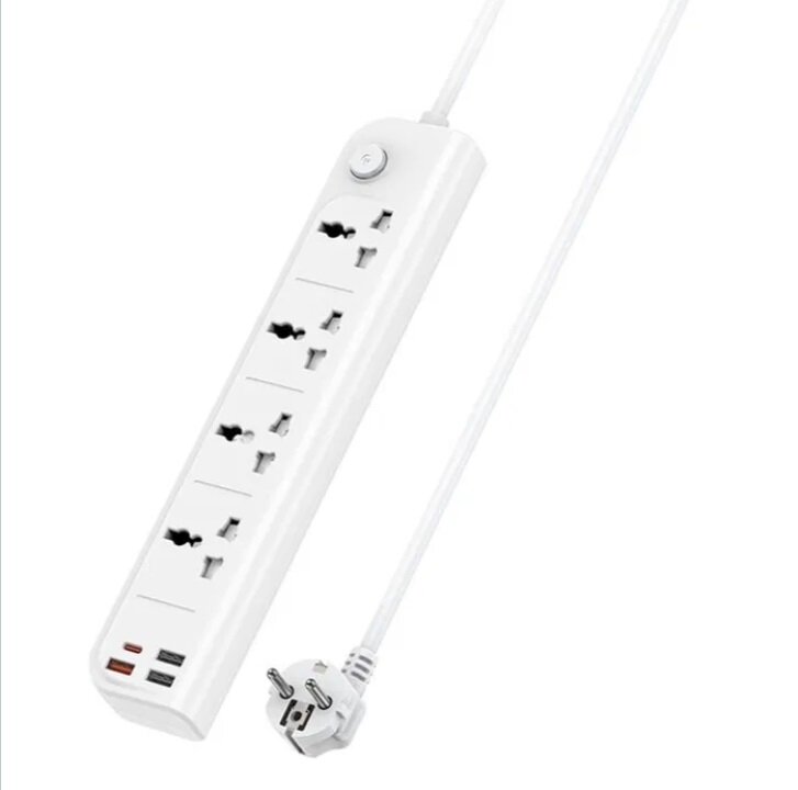 фото Сетевой фильтр Yesido Multi-Function Socket 8-in-1, 3250W, 4 розетки universal + PD20W + 3*USB, Кабель 2 м, Белый
