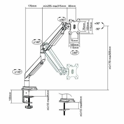 Кронштейн для мониторов Ultramounts UM708 серебристый 17"-32" макс.9кг крепление к столешнице поворот и наклон