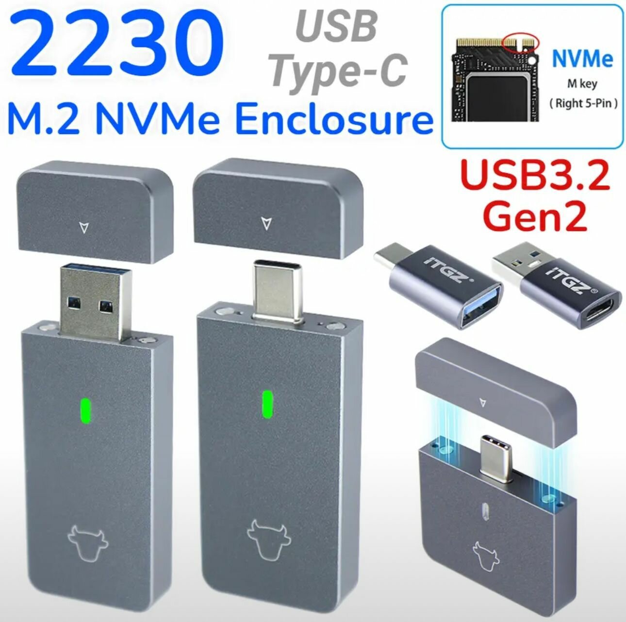 Корпус для ssd 2230 2242 USB32 Gen2 10 Гбит/с PCIe SSD корпус M2 NVMe внешний адаптер для 2230 2242 M2 SSD