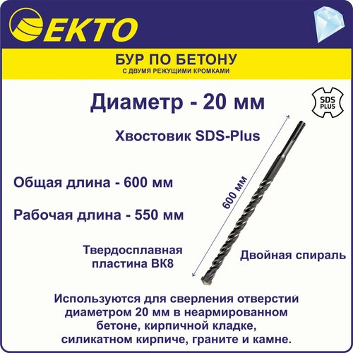 бур по бетону для перфоратора sds plus 10 x 600 мм ekto Бур по бетону для перфоратора SDS Plus 20 x 600 мм EKTO