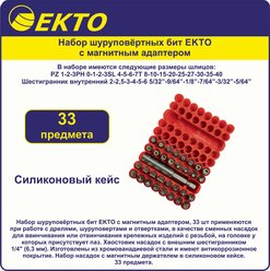 Набор шуруповёртных бит EKTO с магнитным адаптером 33 шт
