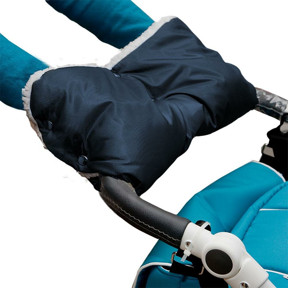 фото Муфта для коляски с искусственным мехом и плащевкой, синяя.