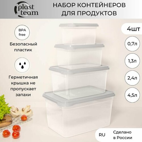 Набор контейнеров для хранения продуктов 4шт 0,7л/1,3л/2,4л/4,5л контейнер пластиковый