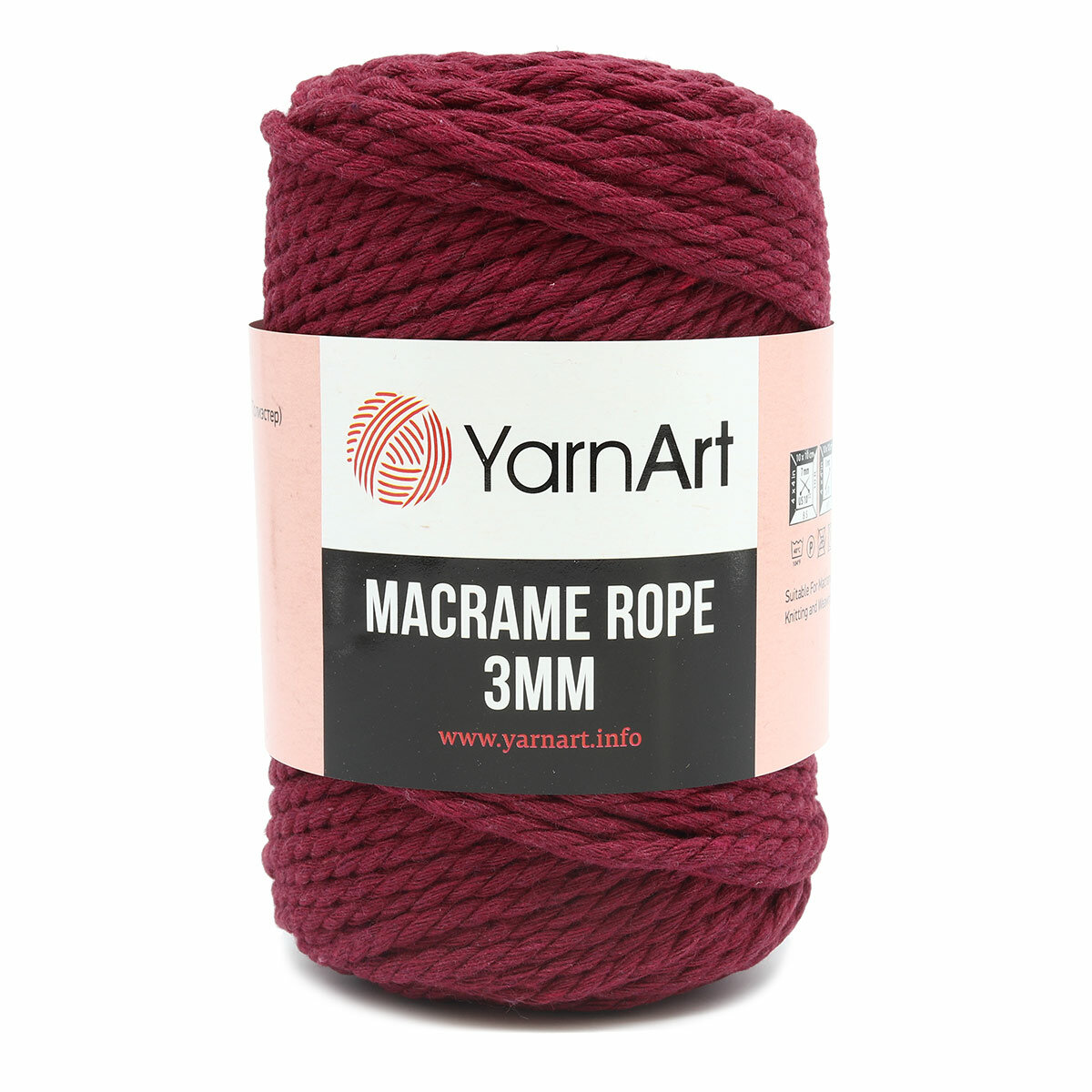 Пряжа для вязания YarnArt 'Macrame Rope 3мм' 250гр 63м (60% хлопок, 40% вискоза и полиэстер) (781 малиновый), 4 мотка
