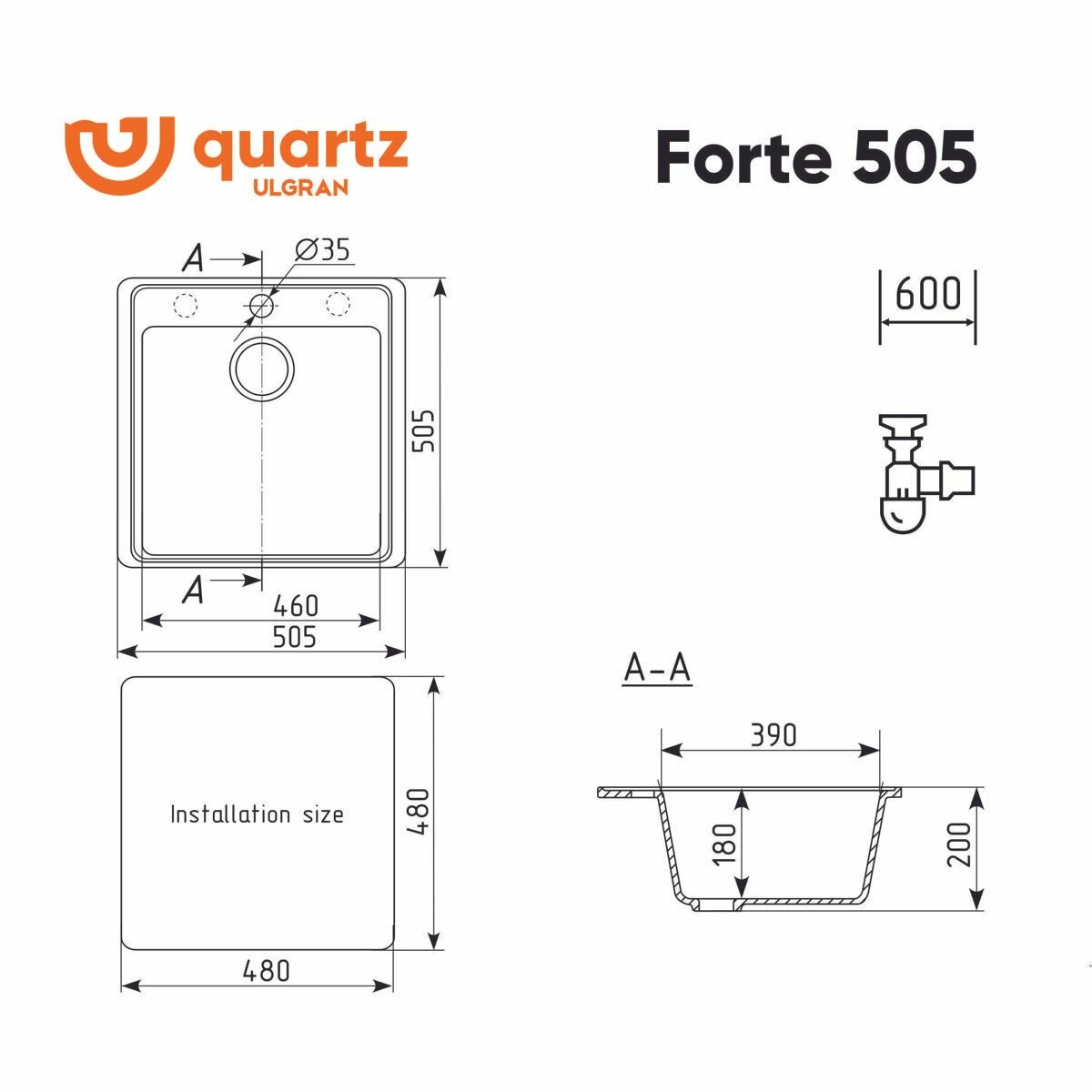 Мойка ULGRAN Quartz Forte 505-06, трюфель - фотография № 6