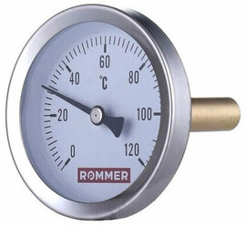 Термометр биметаллический аксиальный ROMMER RIM-0001 - 1/2" (D100мм, шкала 0-120°C, с гильзой 75 мм)
