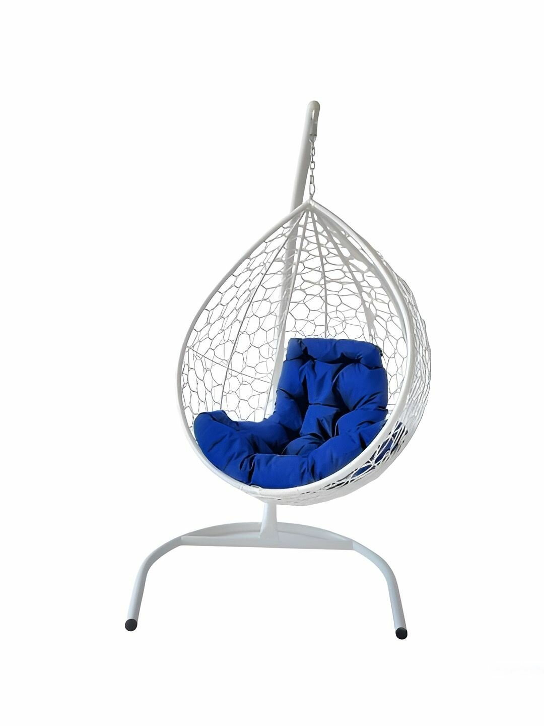 Подвесное кресло-кокон "капля" с ротангом белое, синяя подушка - фотография № 4