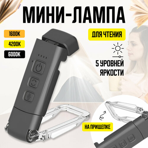 Лампа на прищепке для чтения, фонарь для чтения книг, мини светильник USB (черная)