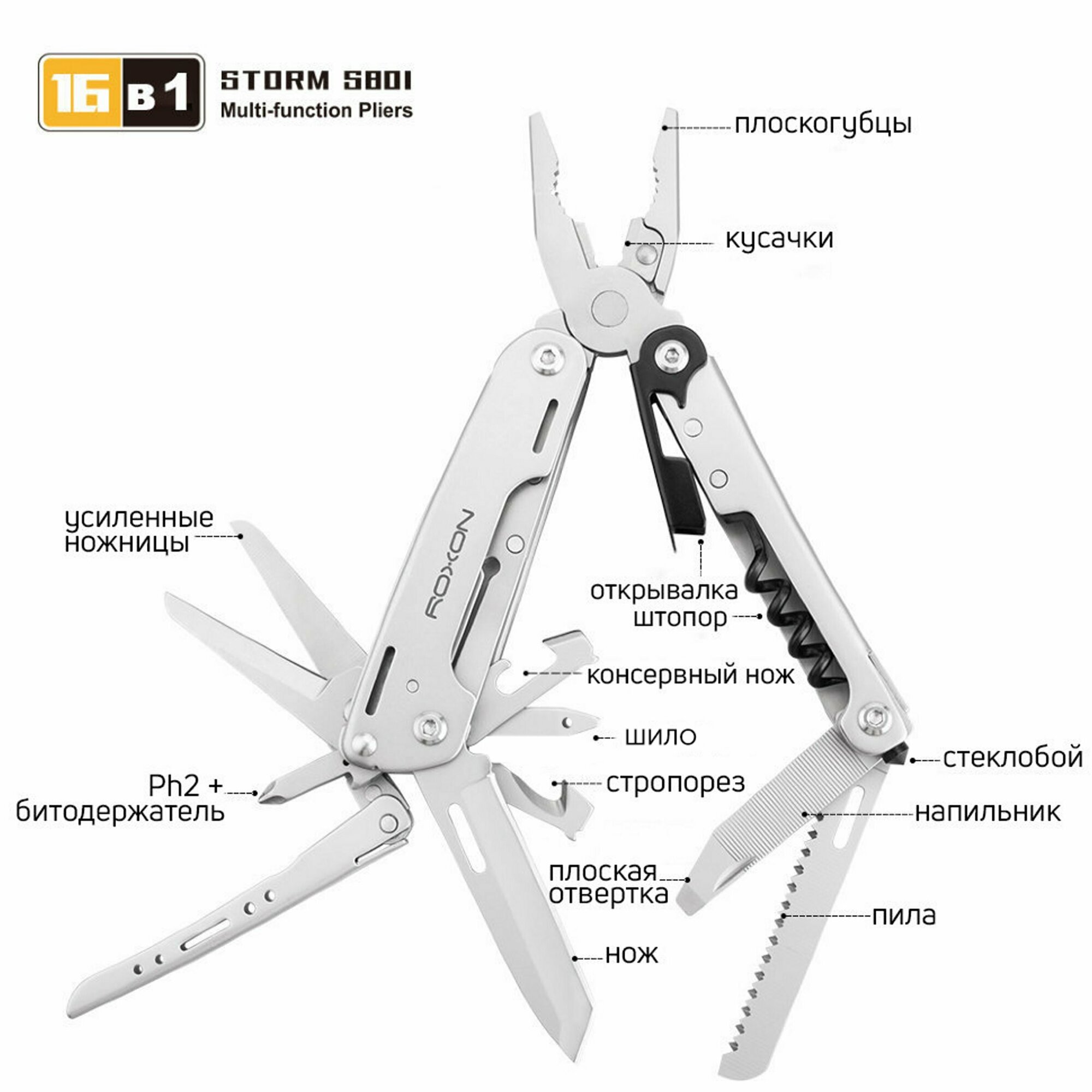 Мультитул туристический тактический Storm S801S полноразмерные ножницы, 16 функций