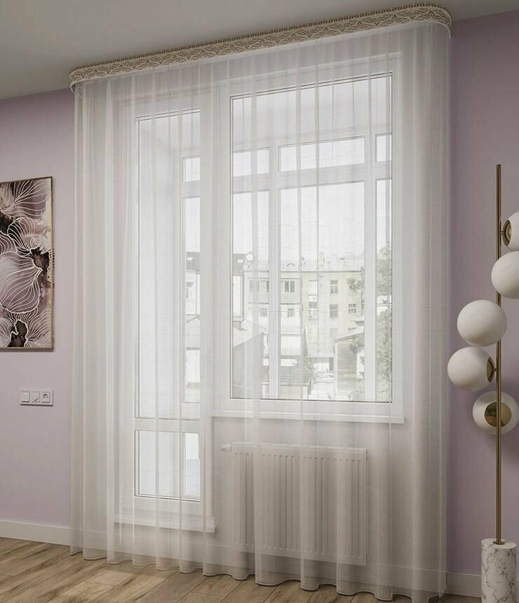 фото Тюль для комнаты Лен 300х260 см, белый с серебром. Занавеска для кухни, спальной, гостинной, детской, высота 260 см