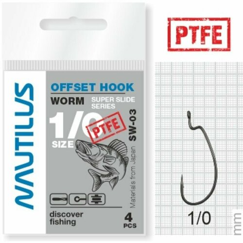 Крючок офсетный Nautilus Offset Super Slide Series Worm SS-03PTFE, № 1/0, 4 шт. (комплект из 7 шт)