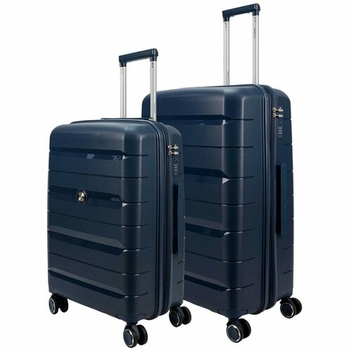 фото Умный чемодан ambassador, 2 шт., полипропилен, рифленая поверхность, водонепроницаемый, увеличение объема, опорные ножки на боковой стенке, 120 л, размер m/l, синий