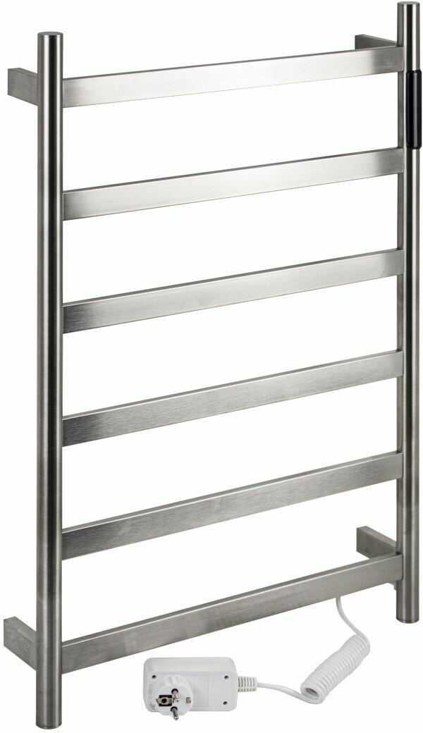фото Полотенцесушитель электрический, хром, матовый, лесенка, 480 х 730 х 90 мм, на 6 перекладин, 75 W, 220V / 50 Hz, из нержавеющей стали, с таймером до 24 часов